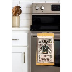 Sh*t’s About To Get Western Funny Cowboy Kitchen Towel Rustic Boho Farmhouse 🤠